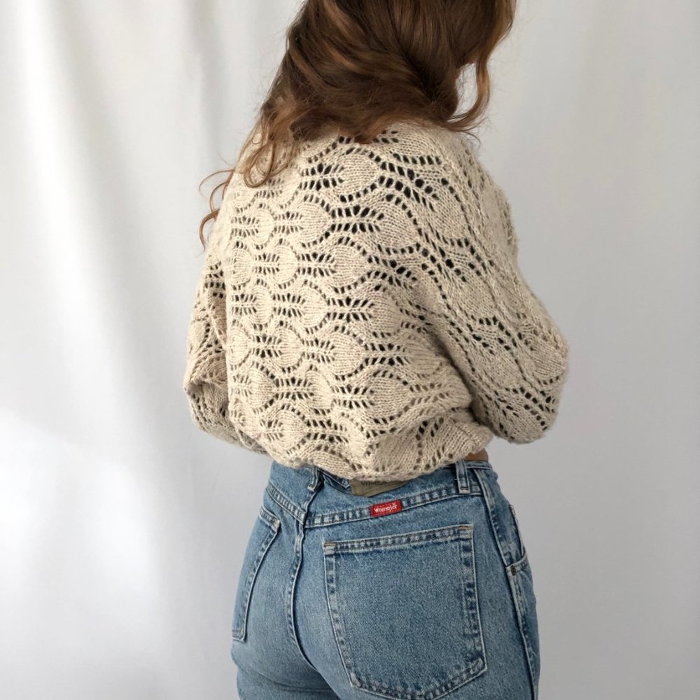 Free People Oversized Wool Open Crochet Cable Knit Cropped Cardigan Sweater Boho - Picture 4 of 9